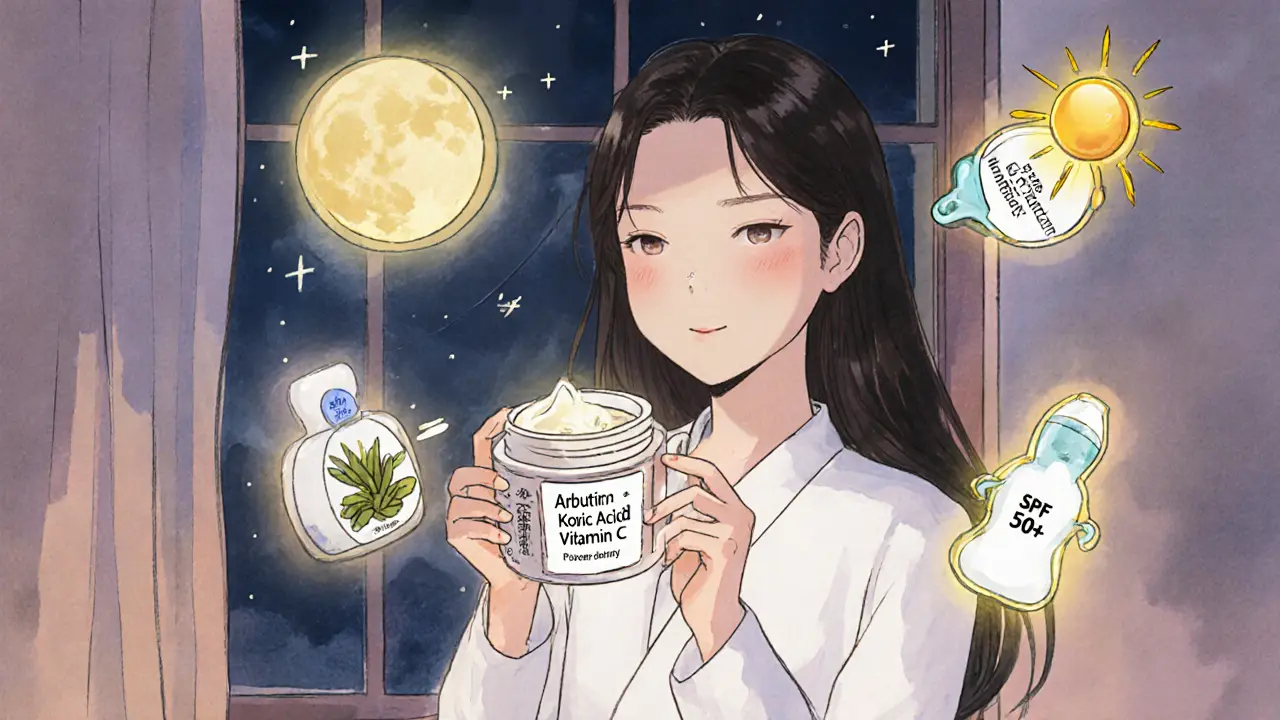 Женщина с кремом от пигментации, вокруг неё — ожившие ингредиенты и защитный SPF-щит.