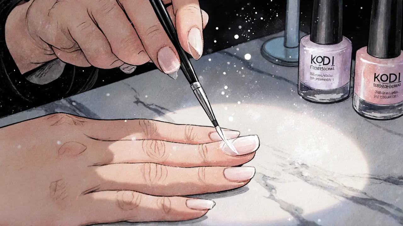 Близкий план руки с точной белой дугой на ногте, нанесённой кистью.