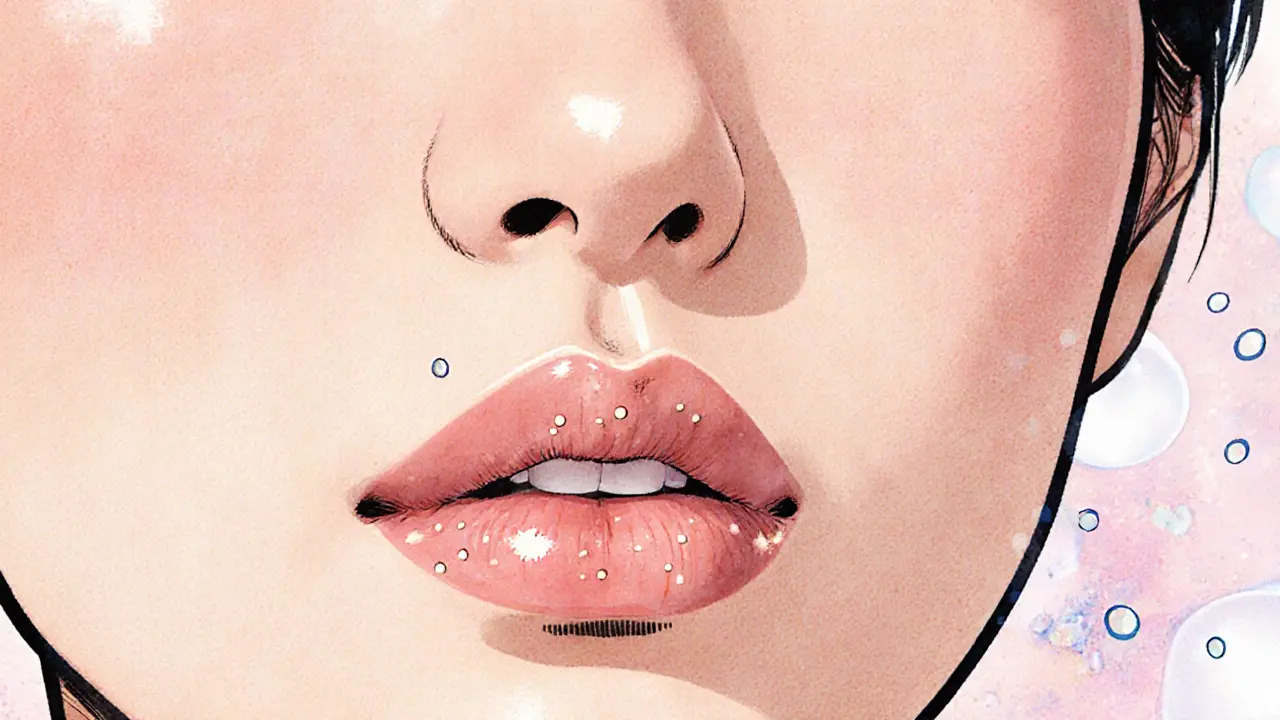 Детализированное изображение губ с мельчайшими точками введения филлера, эффект естественного увлажнения.