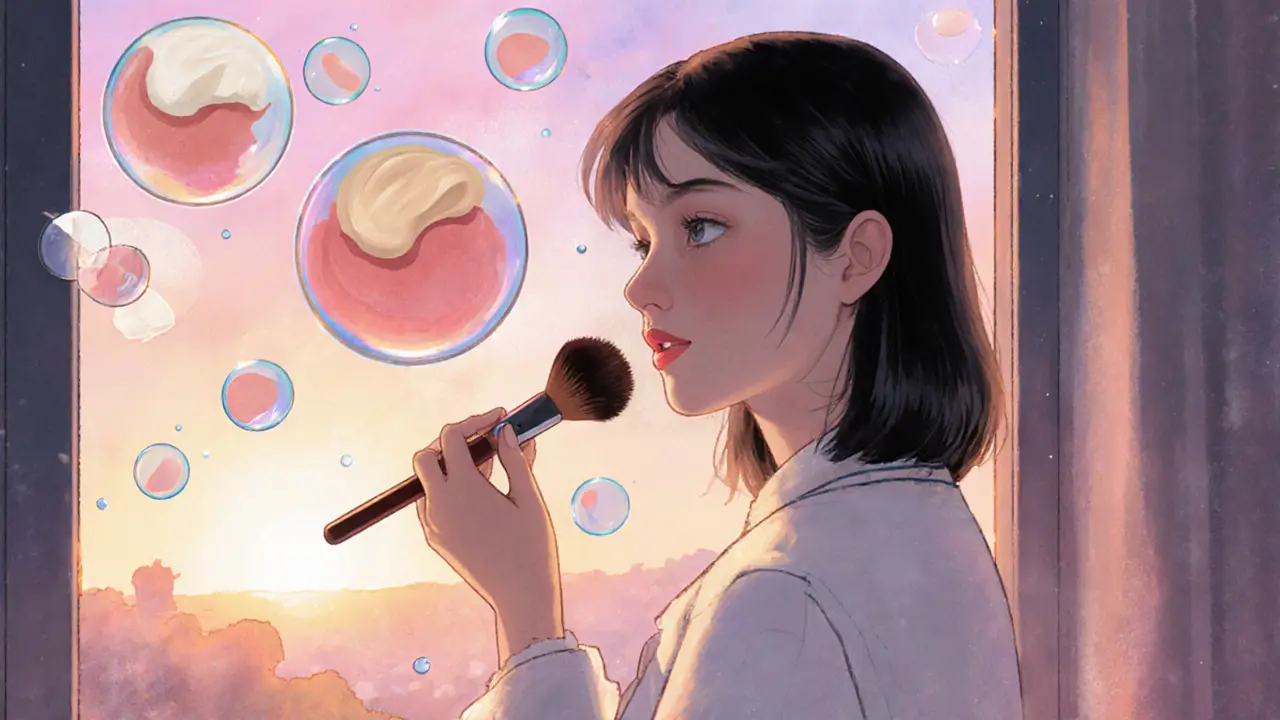 Девушка у окна смотрится в зеркало, над её головой парят визуальные сравнения натурального и искусственного макияжа.