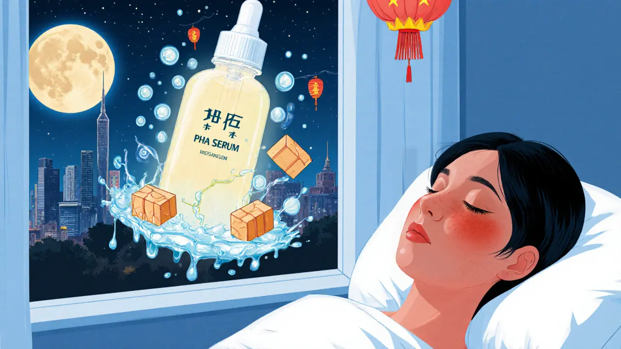 Флакон PHA с защитными щитами и восстанавливающейся кожей, женщина спит спокойно под лунным светом.