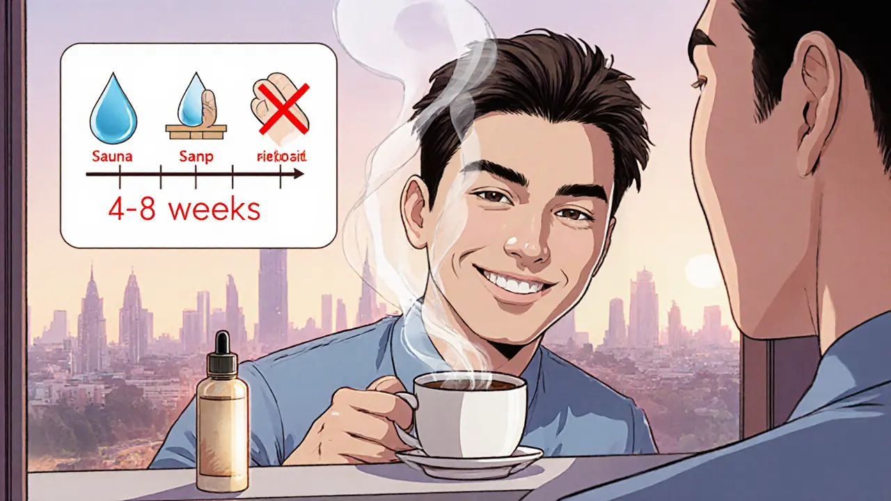 Мужчина с аккуратными ламинированными бровями смотрит в зеркало, рядом — символы ухода.