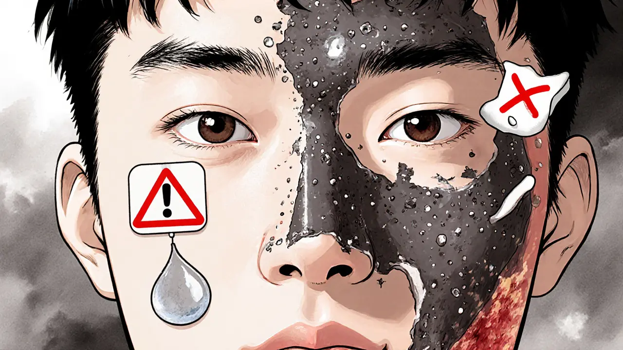 Мужчина с поврежденной кожей после использования угольной маски, частицы грязи царапают кожу, одна сторона лица здоровая, другая — покраснела.