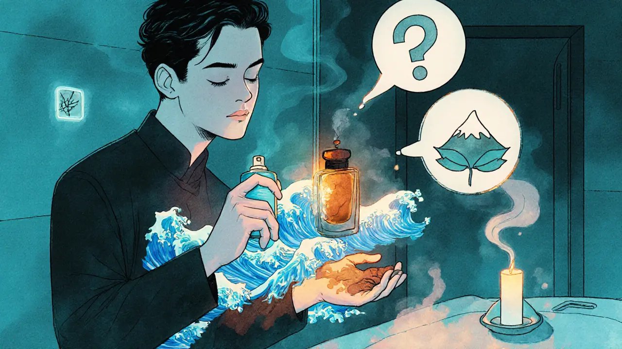 Мужчина смешивает два аромата на запястье — морскую соль и дым, вокруг него возникает уникальный визуальный узор.