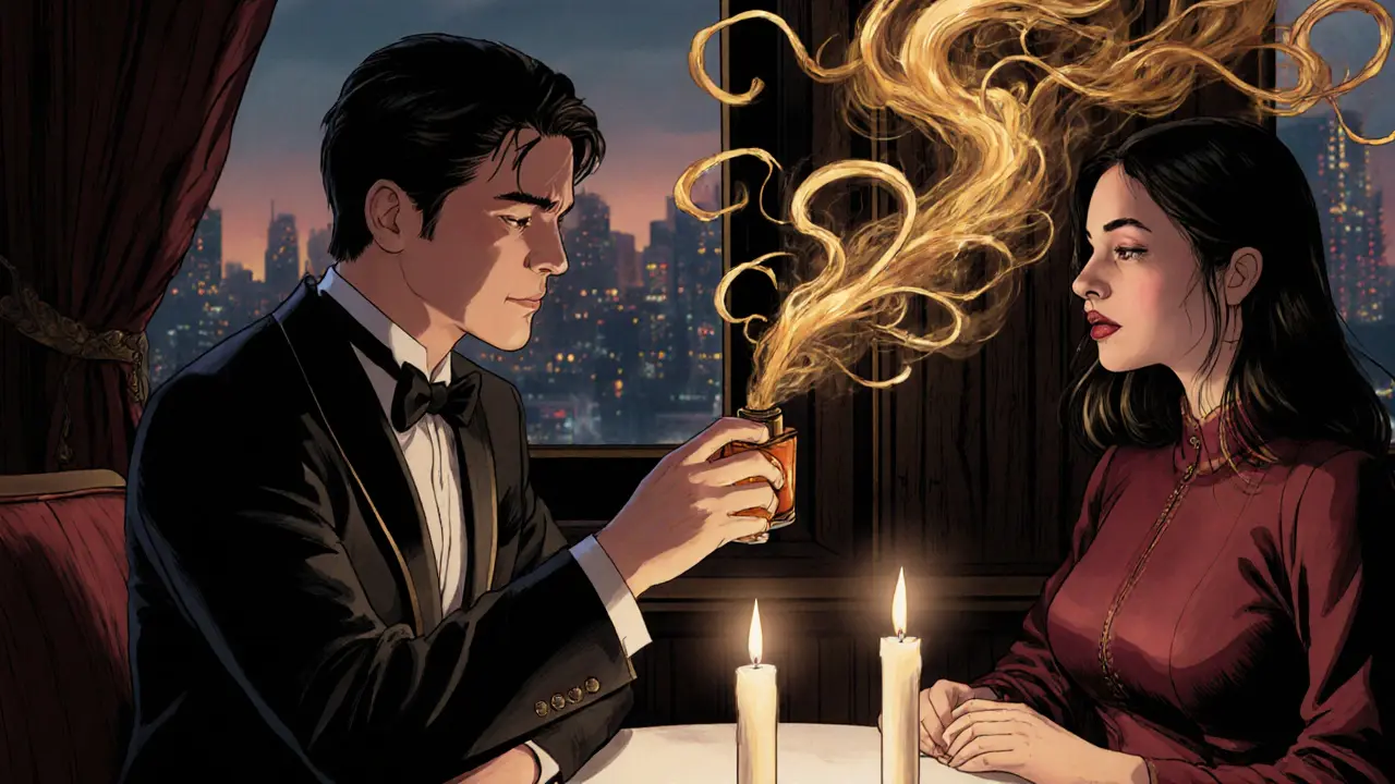 Мужчина в костюме распыляет тёплый аромат за ужином при свечах, аромат визуализирован как золотой дым.