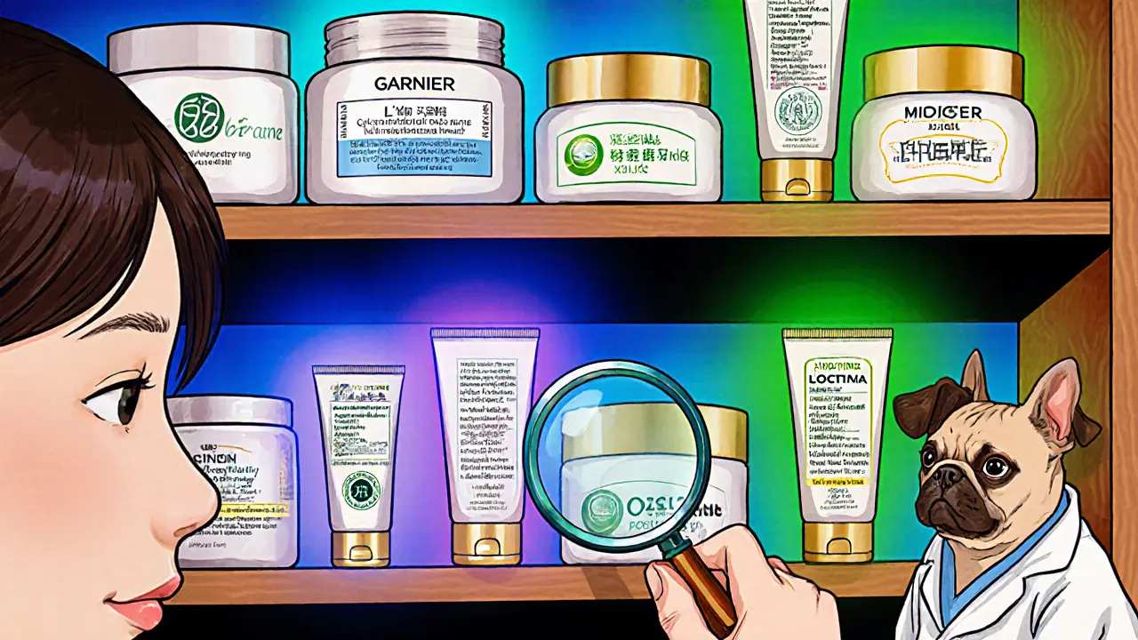 Полка с кремами для рук разных ценовых категорий, каждая с цветной аурой, рядом — увеличительное стекло и лабораторная собака.