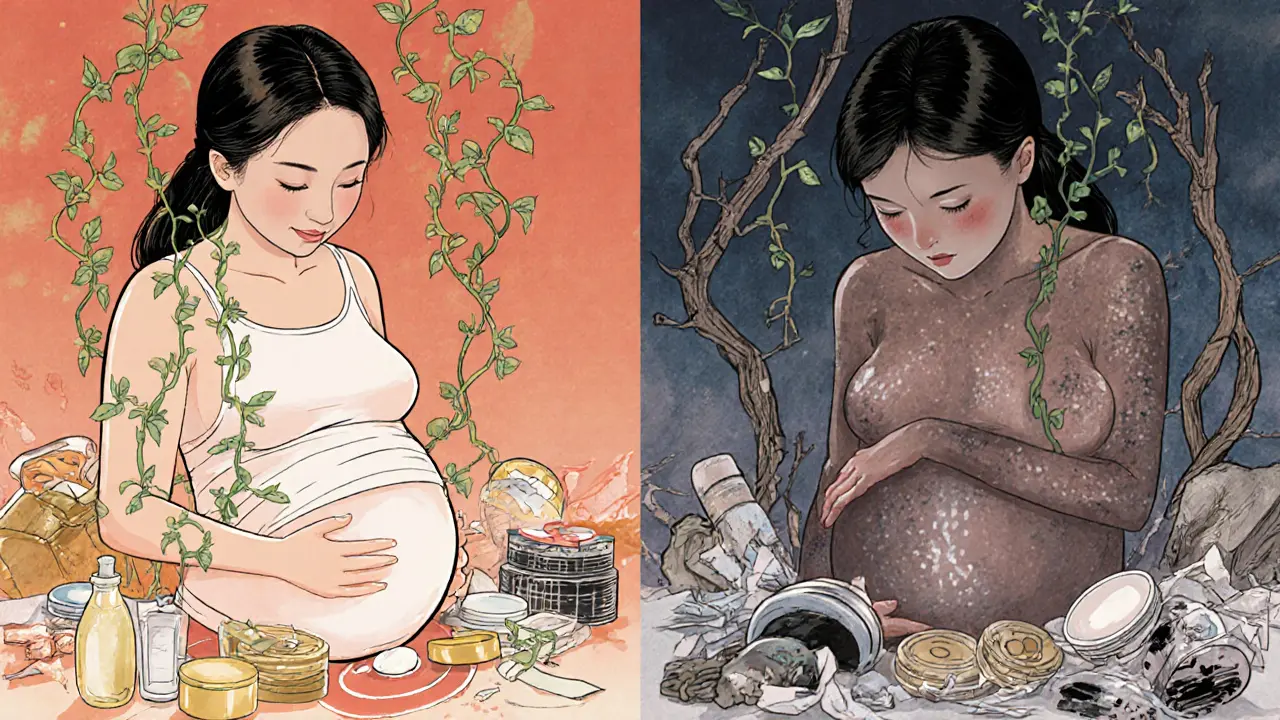 Сравнение двух беременных: одна с мягкими растяжками и заботой, другая с тёмными шрамами и пренебрежением.