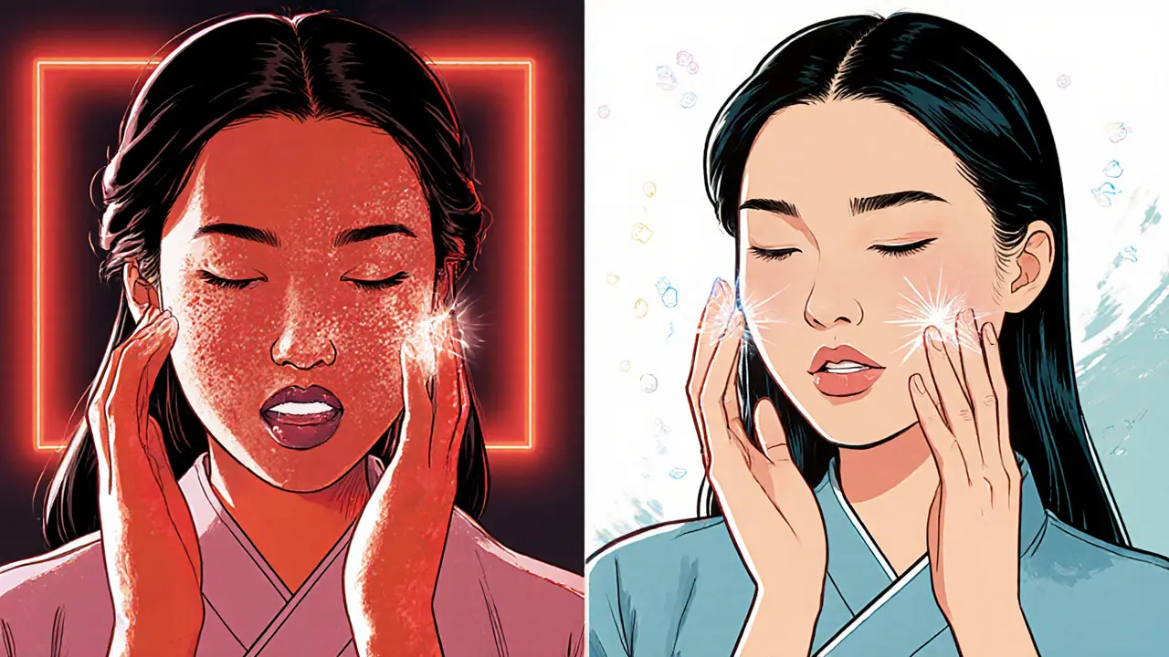 Сравнение: одна женщина страдает от ретинола, другая спокойно использует бакучиол на солнце.