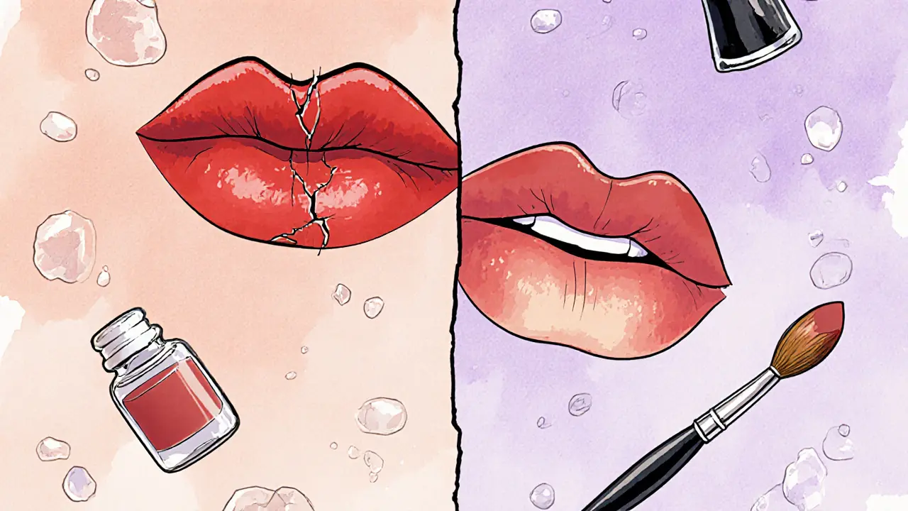 Сравнение плоских губ и губ с омбре-эффектом, вокруг — символы макияжа и пигментные частицы.