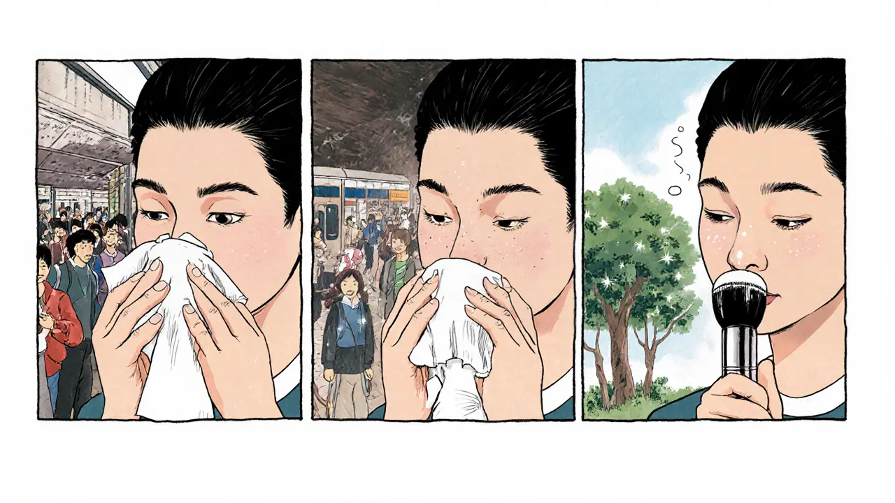 Три шага спасения макияжа: промокание, пудра и спрей — в стиле маньхуа.