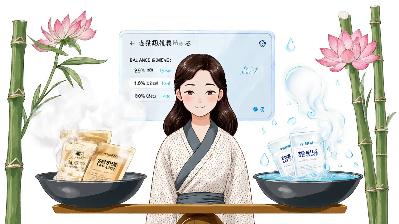 Весы с протеиновой и увлажняющей масками, женщина в центре, на экране — приложение с надписью &#039;Баланс достигнут&#039;.