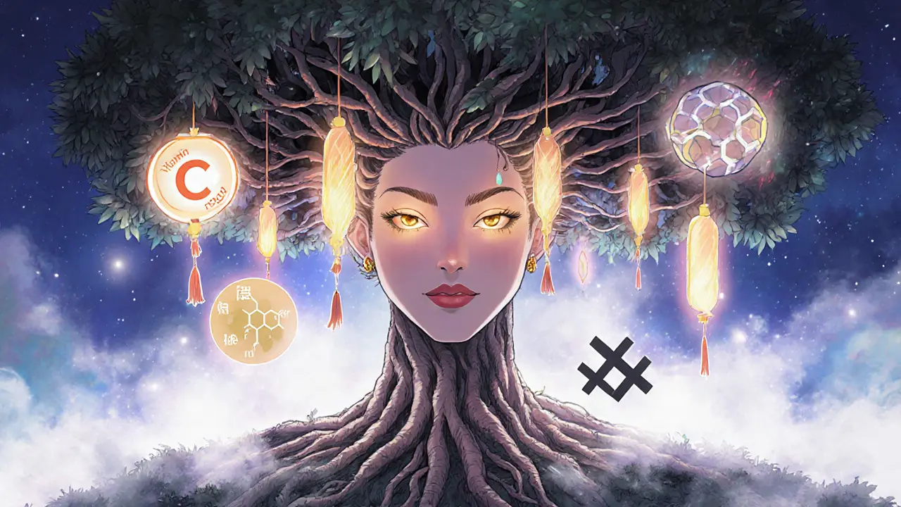 Волшебное дерево с бакучиолом, корни которого образуют лицо с идеальной кожей, окруженное полезными ингредиентами.