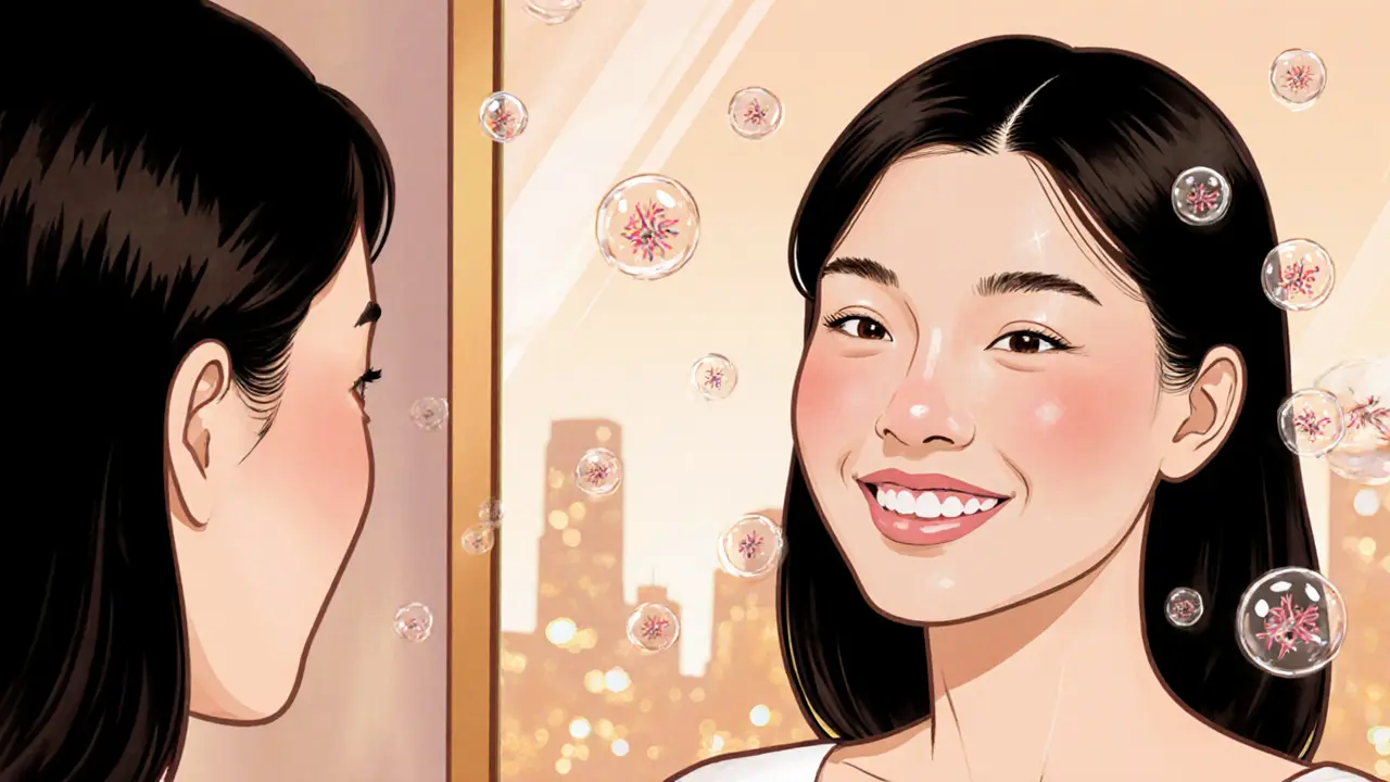 Женщина 40 лет сияет от здоровой кожи после курса биоревитализации, вокруг неё — молекулы коллагена.