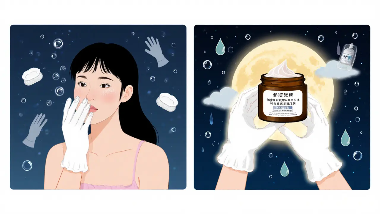 Женщина наносит дневной и ночной кремы на руки, ночью — с хлопковыми перчатками и лунным светом.