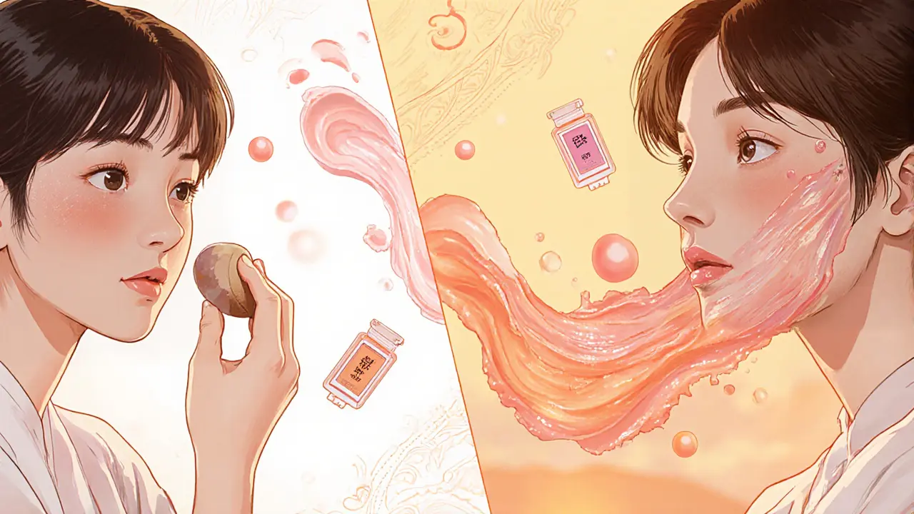 Женщина наносит кремовые румяна на скулы мягкими движениями, создавая естественный румянец.