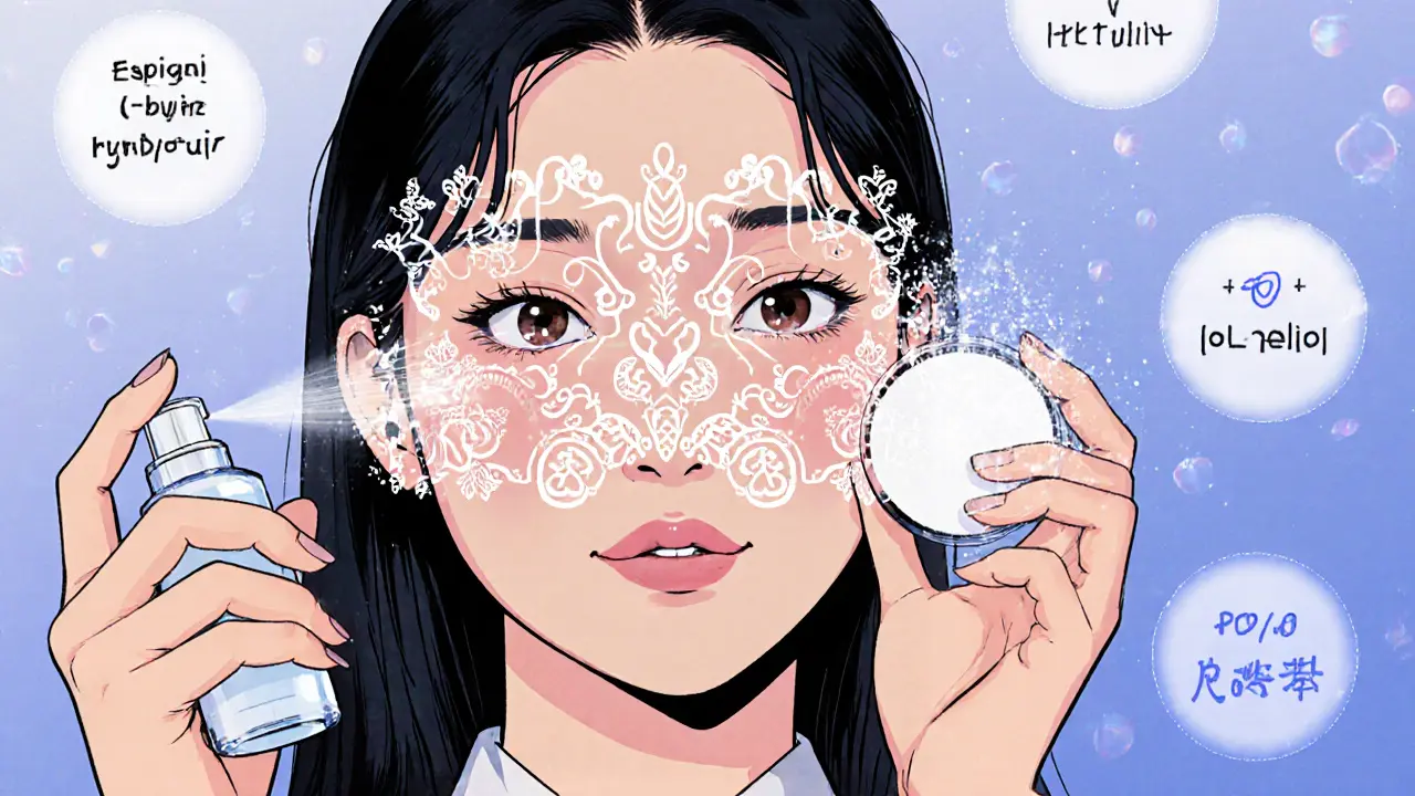 Женщина распыляет фиксатор на расстоянии, мелкие частицы образуют сетку над лицом.