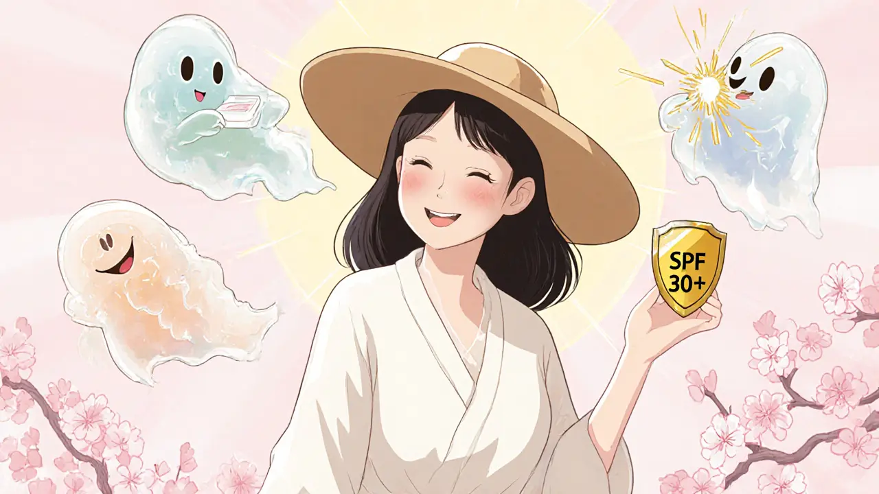 Женщина с гладкой кожей выходит на солнце в шляпе, за ней разрушены символы опасных ошибок ухода.