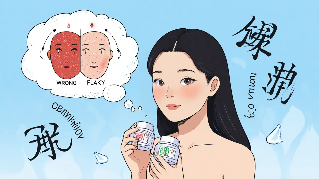 Женщина с комбинированной кожей, использующая разные кислоты на разных зонах лица, с визуальным сравнением результата.