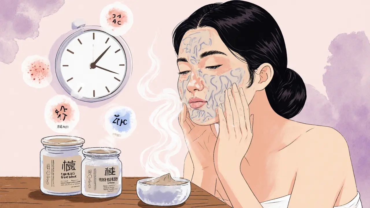 Женщина смывает серную маску теплой водой, рядом стоят баночки с глиной, серой и цинком, за ней — прогресс улучшения кожи.