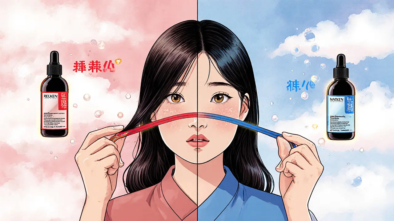 Женщина тянет мокрую прядь волос, визуально показаны три состояния: ломкость, чрезмерное растяжение и здоровая эластичность.