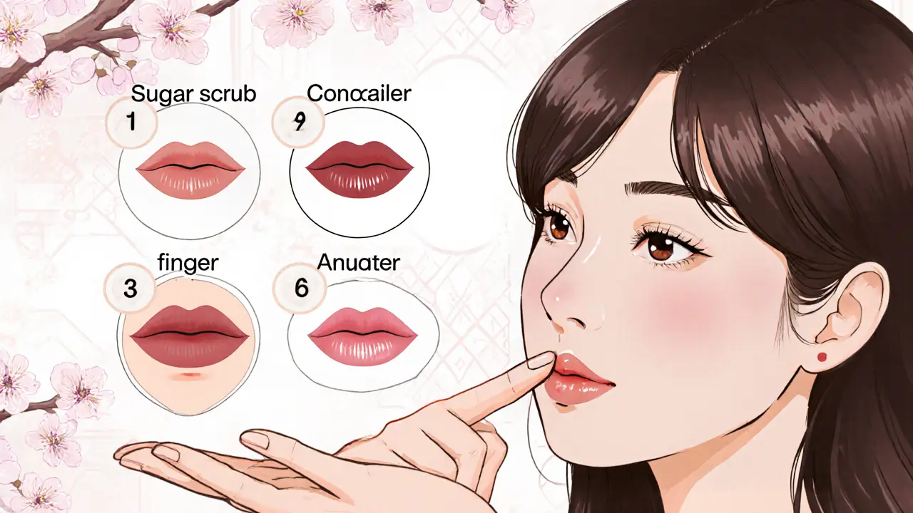 Женщина тренирует омбре на ладони, в зеркале — её идеальные губы, вокруг — шаги техники и цветы.