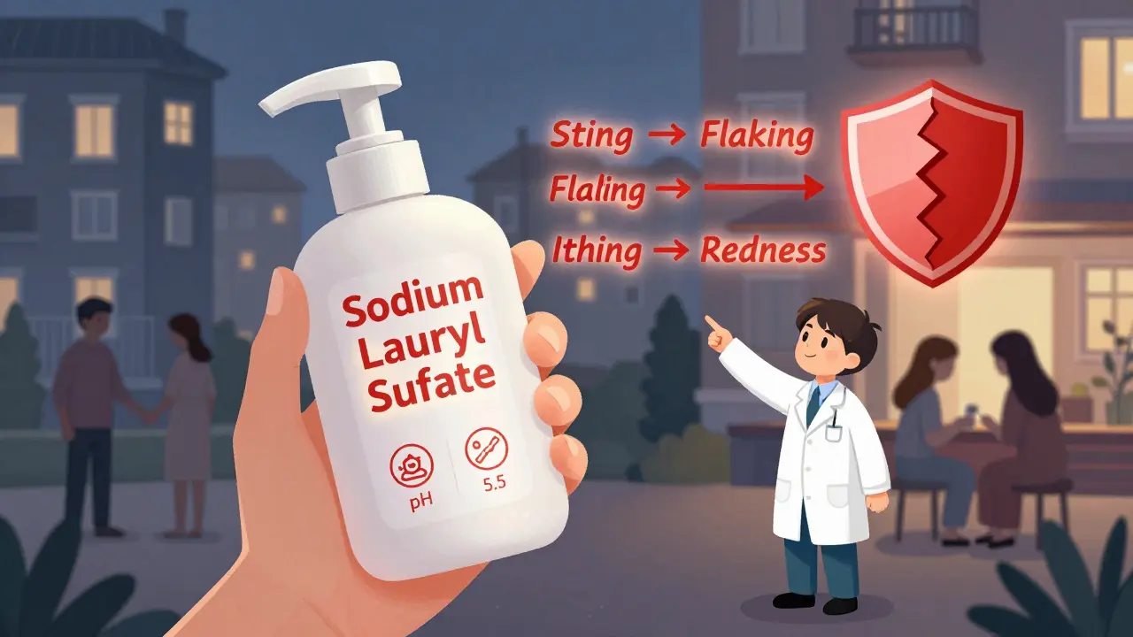 Бутылка с агрессивным средством и красная надпись SLS, рядом — схема ухудшения кожи и люди, меняющие уход.
