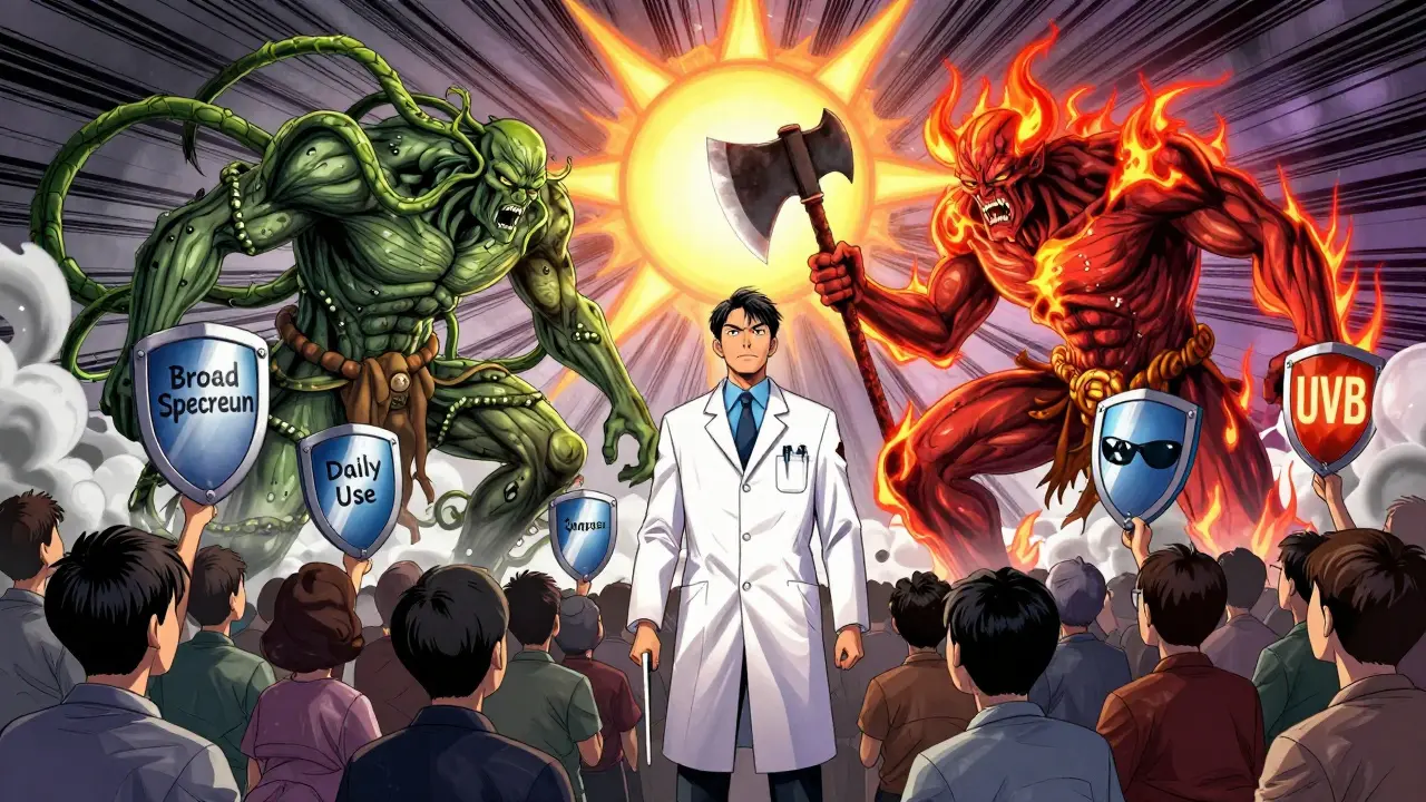 Дерматолог защищает людей от монстров UVA и UVB, держа щиты с защитой от солнца в маньхуа стиле.