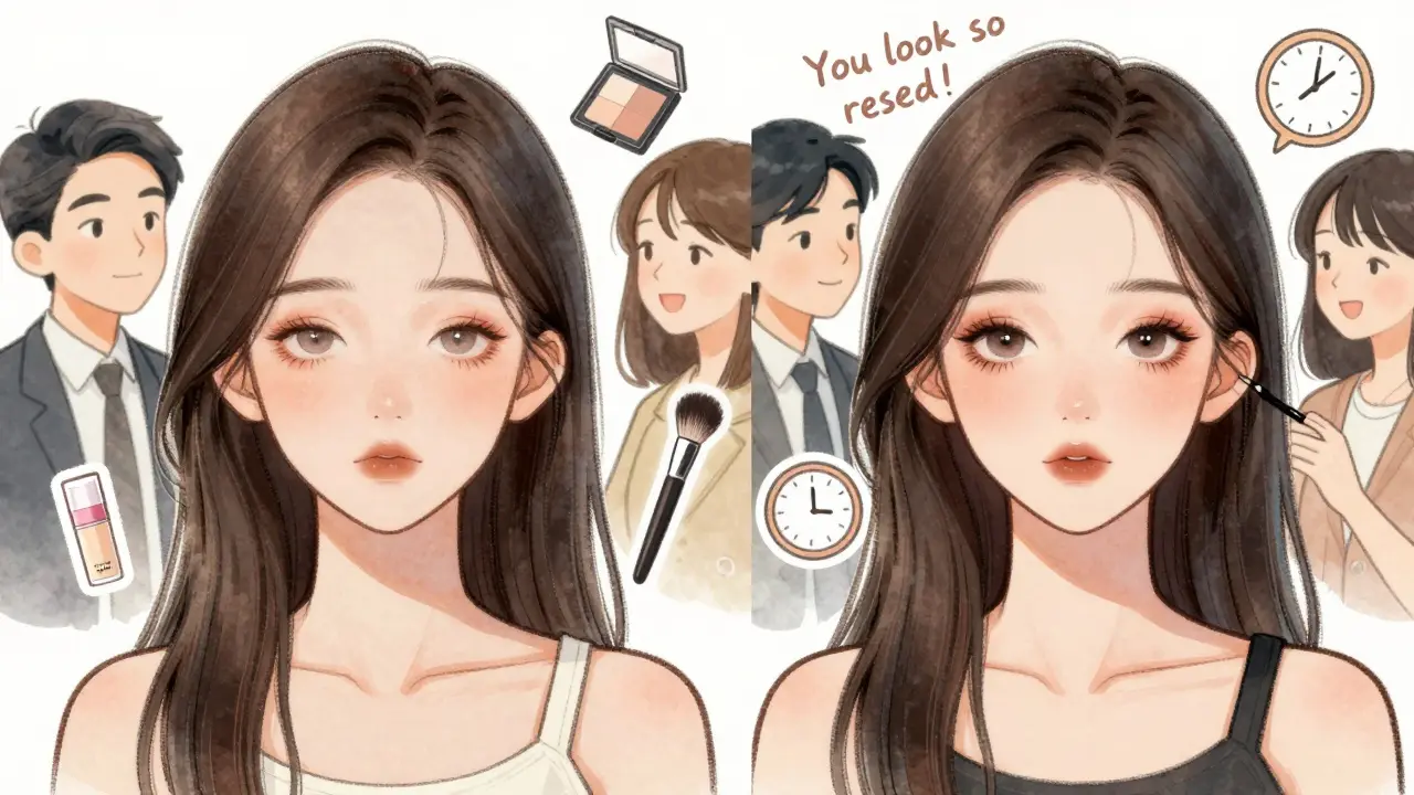 До и после: женщина с естественно улучшенным взглядом — коллеги замечают только свежесть, а не макияж.