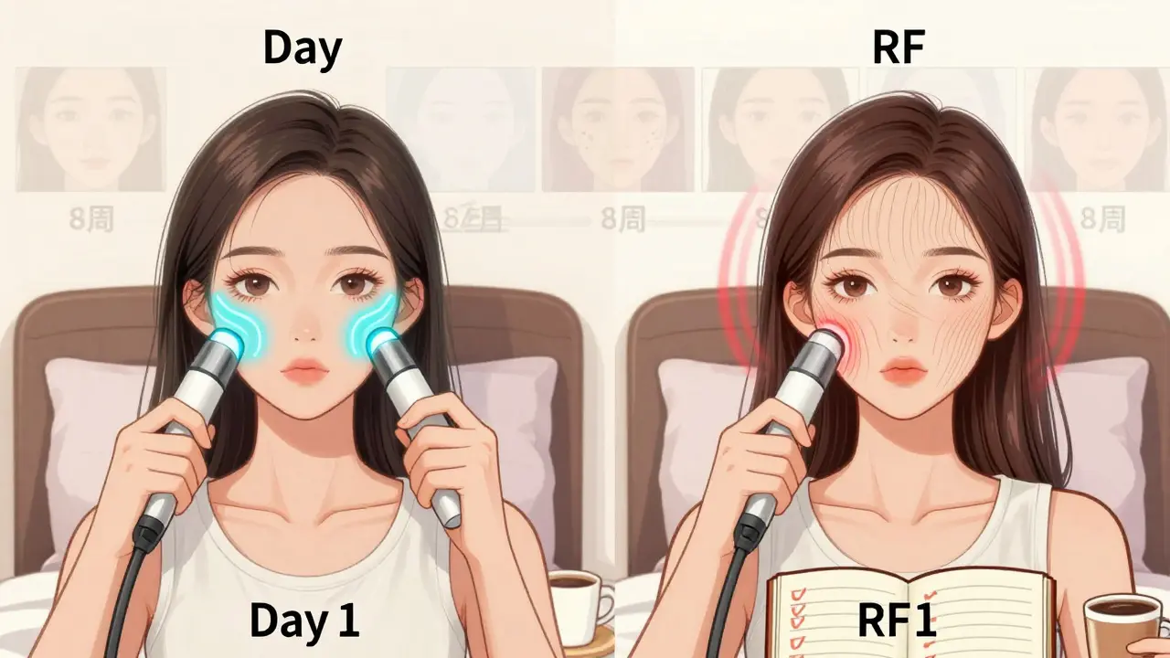 Две женщины: одна сразу получает эффект от микротоков, другая — постепенно от радиочастоты, с таймлайном на заднем плане.