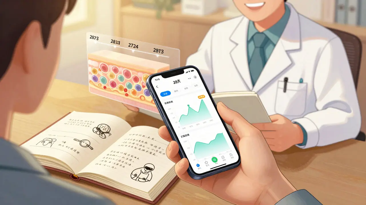 Гибридный дневник кожи: бумажный журнал и приложение рядом с дерматологом, показывающие улучшение за 28 дней.