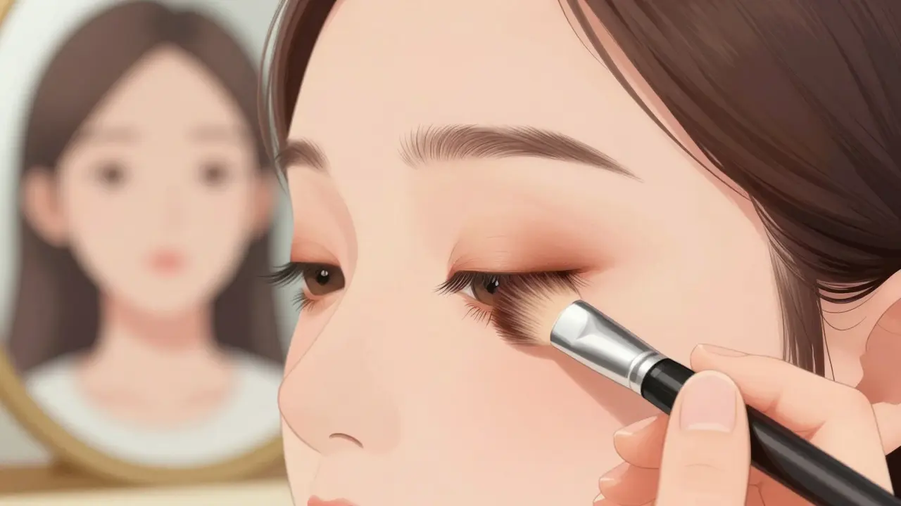 Крупный план: пушистая кисть растушёвывает границу между бежевым и коричневым оттенком на веке с помощью прозрачной пудры.