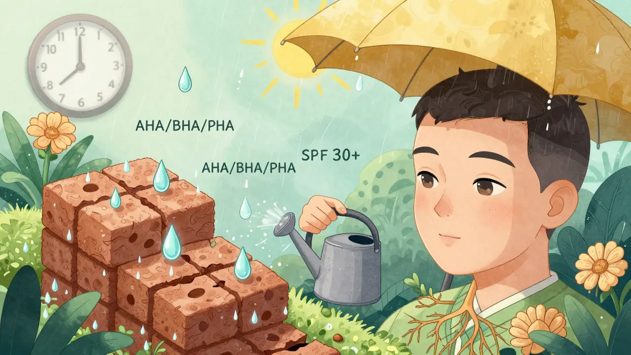 Лицо как сад, где кислоты очищают, а SPF защищает от солнца, рост цветов символизирует обновление.