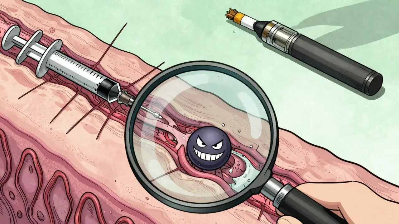 Микроскопический вид кожи: коллаген разрушается, никотин блокирует питание, филлер рассасывается.