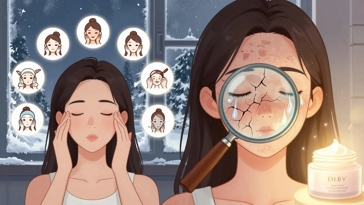 Разделённая сцена: слева — избыточный уход, справа — повреждённая кожа на фоне зимнего окна.