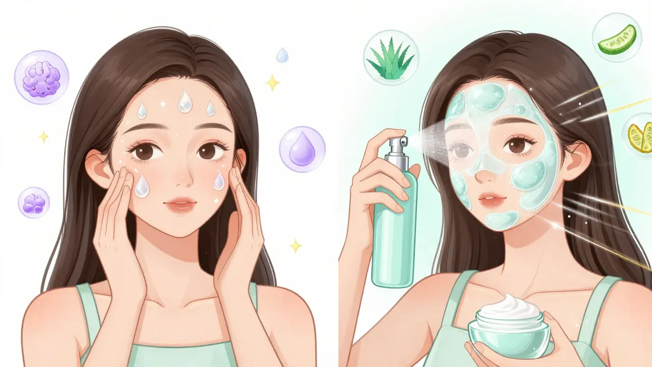 Разделённая сцена: туман помогает сыворотке впитаться и создаёт защитную плёнку над кремом.