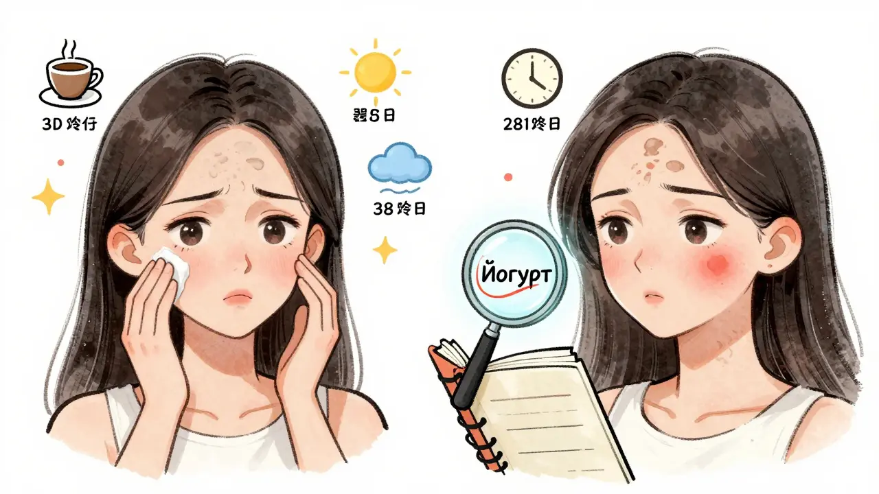 Реакция кожи на йогурт и стресс, показанная в двух частях с выделенными триггерами в дневнике.