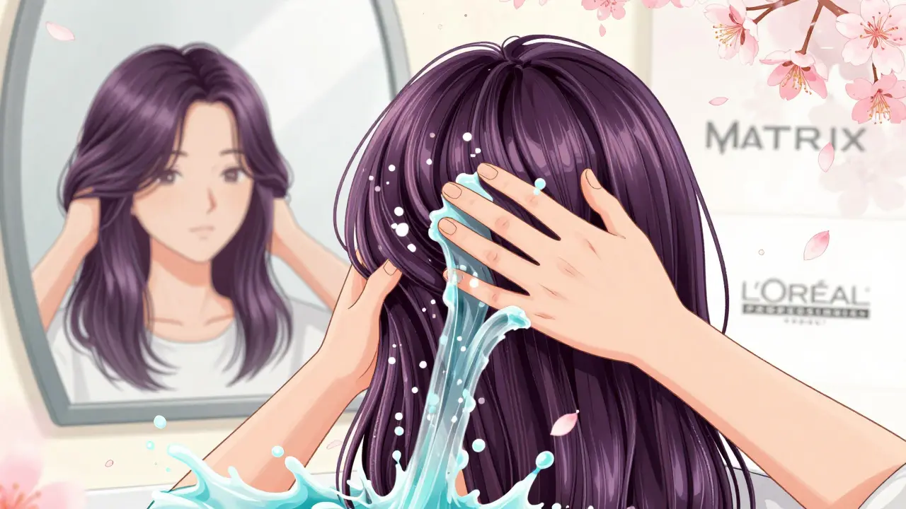 Руки наносят фиолетовую маску на волосы, вокруг — светящиеся частицы восстановления.