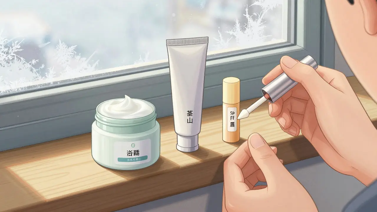 Руки наносят три средства для восстановления губ: вазелин, пантенол и бальзам с SPF.