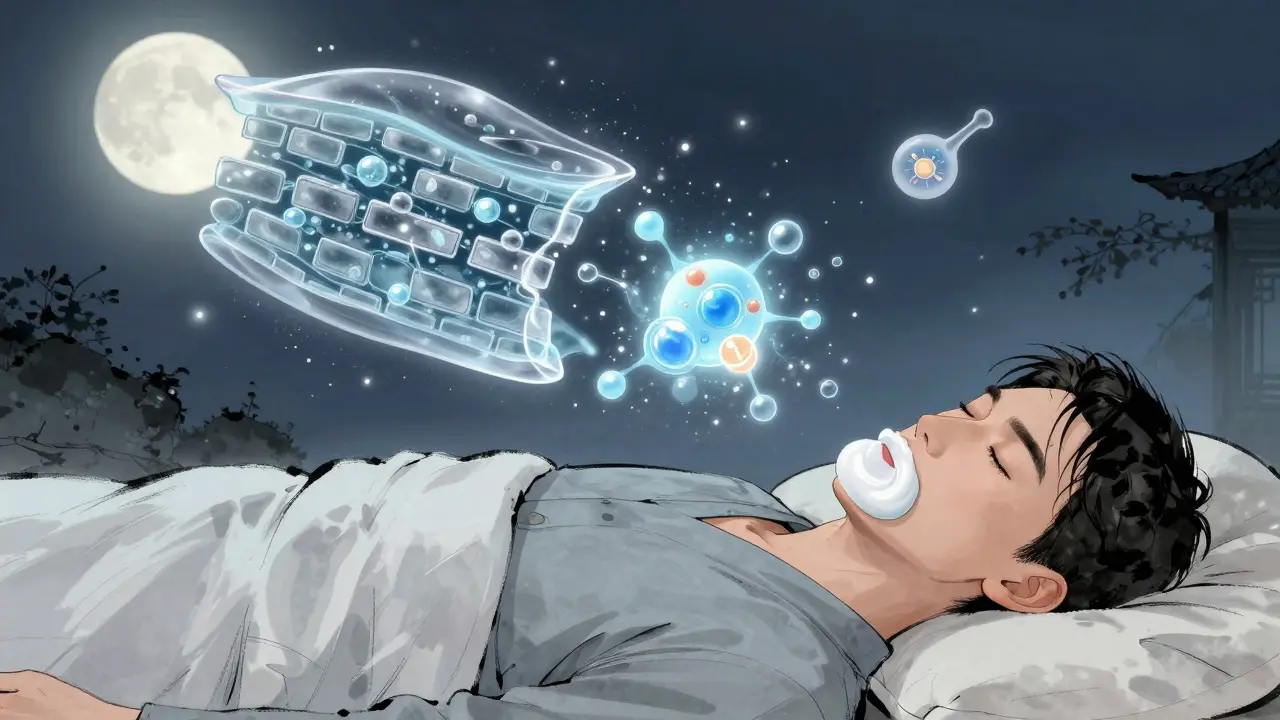 Спящий человек с блестящим слоем вазелина на губах, вокруг — визуализация восстановления клеток.