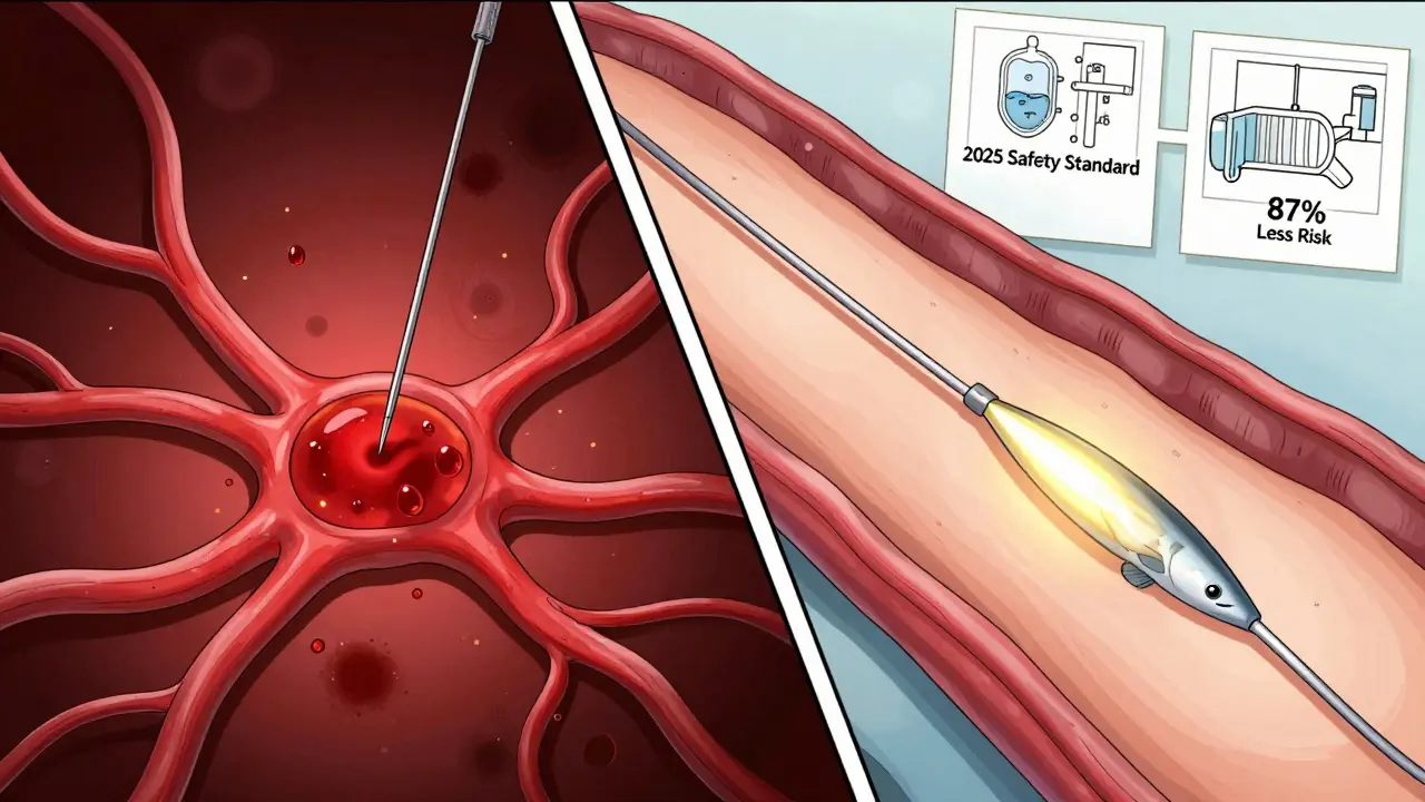 Сравнение: игла повреждает сосуды (синяки) vs канюля обходит их (без синяков).