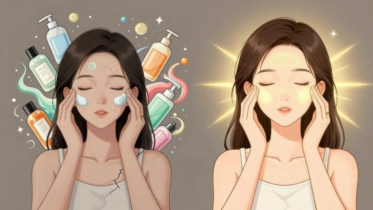 Сравнение: слева — хаотичный уход с десятком средств, справа — минимализм с тремя шагами и сияющей кожей.