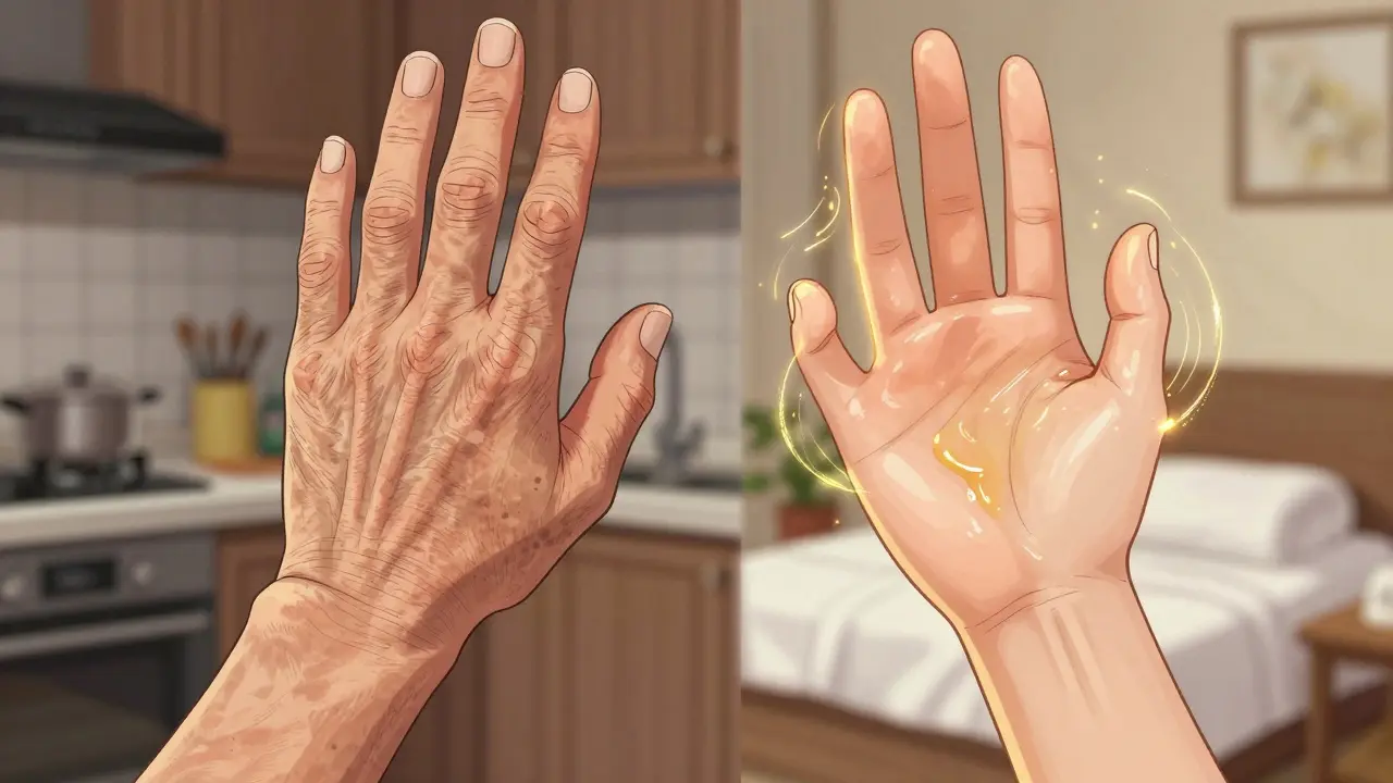 Сравнение старых и молодых рук: одна с морщинами и пятнами, другая сияет от ухода.