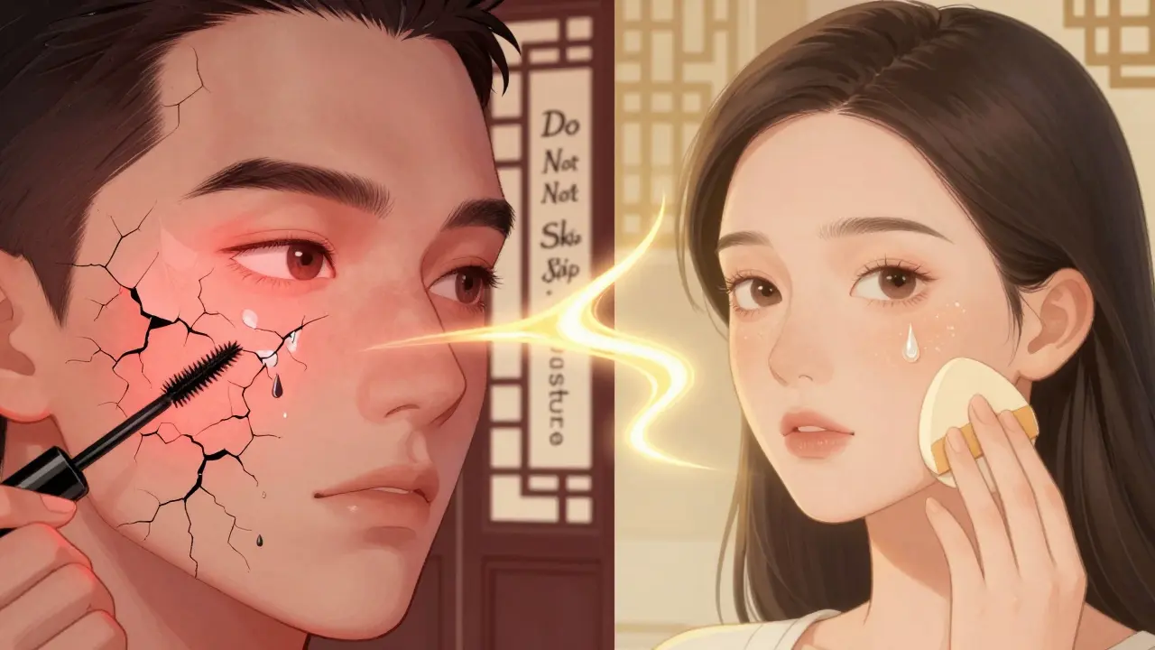 Сравнение: трескающаяся кожа слева и гладкая — справа, с элементами ухода и запрещёнными продуктами.