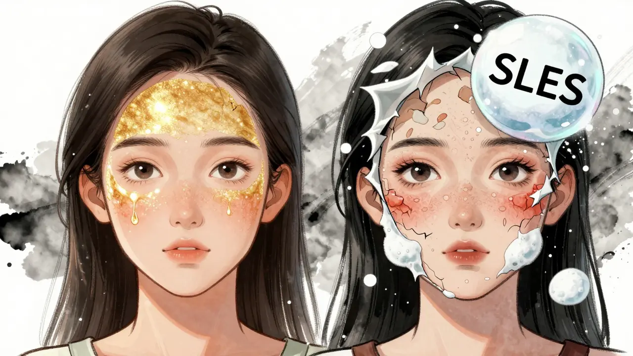 Сравнение здоровой и поврежденной кожи: с одной стороны — сияющий барьер, с другой — трещины и раздражение на фоне снега.