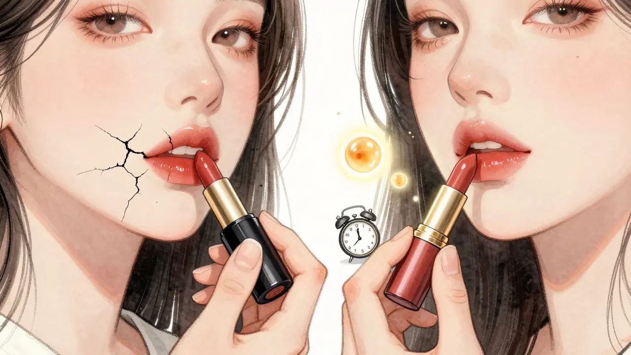 Сухие губы с глянцевой помадой, показывающей трещины, рядом — гладкие губы с матовой помадой и увлажняющими молекулами.