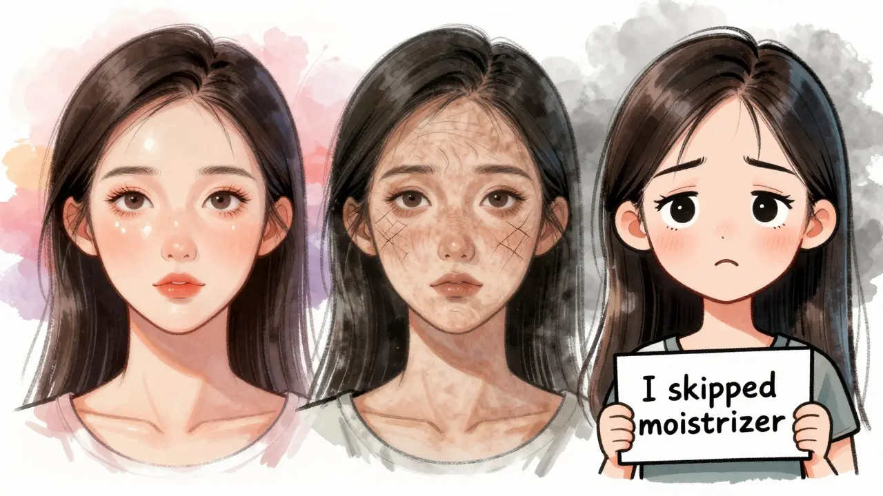 Трёхлетний временной ряд: кожа постепенно теряет сияние и упругость из-за пренебрежения уходом.