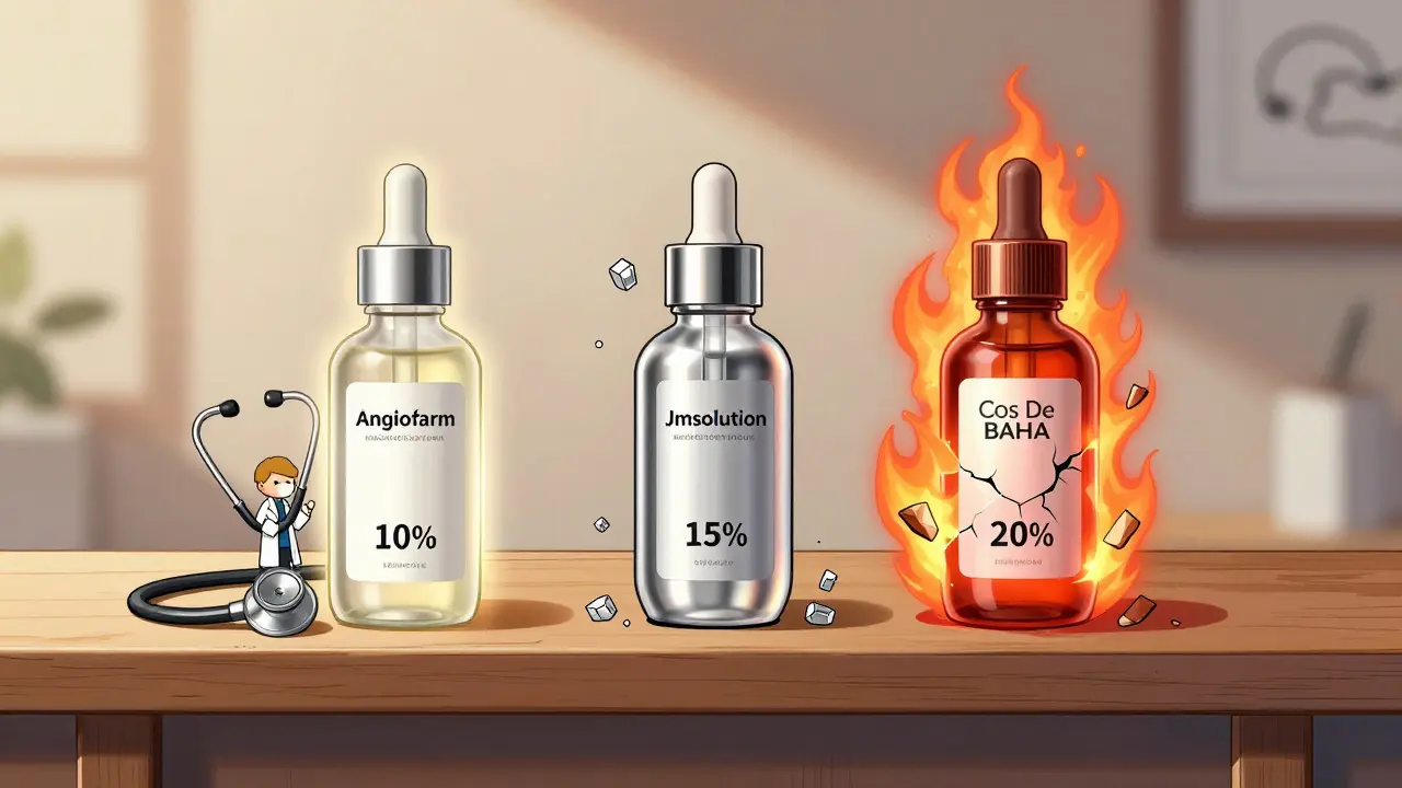 Три бутылочки с сыворотками с ниацинамидом на полке, каждая с уникальными визуальными эффектами, символизирующими их силу.