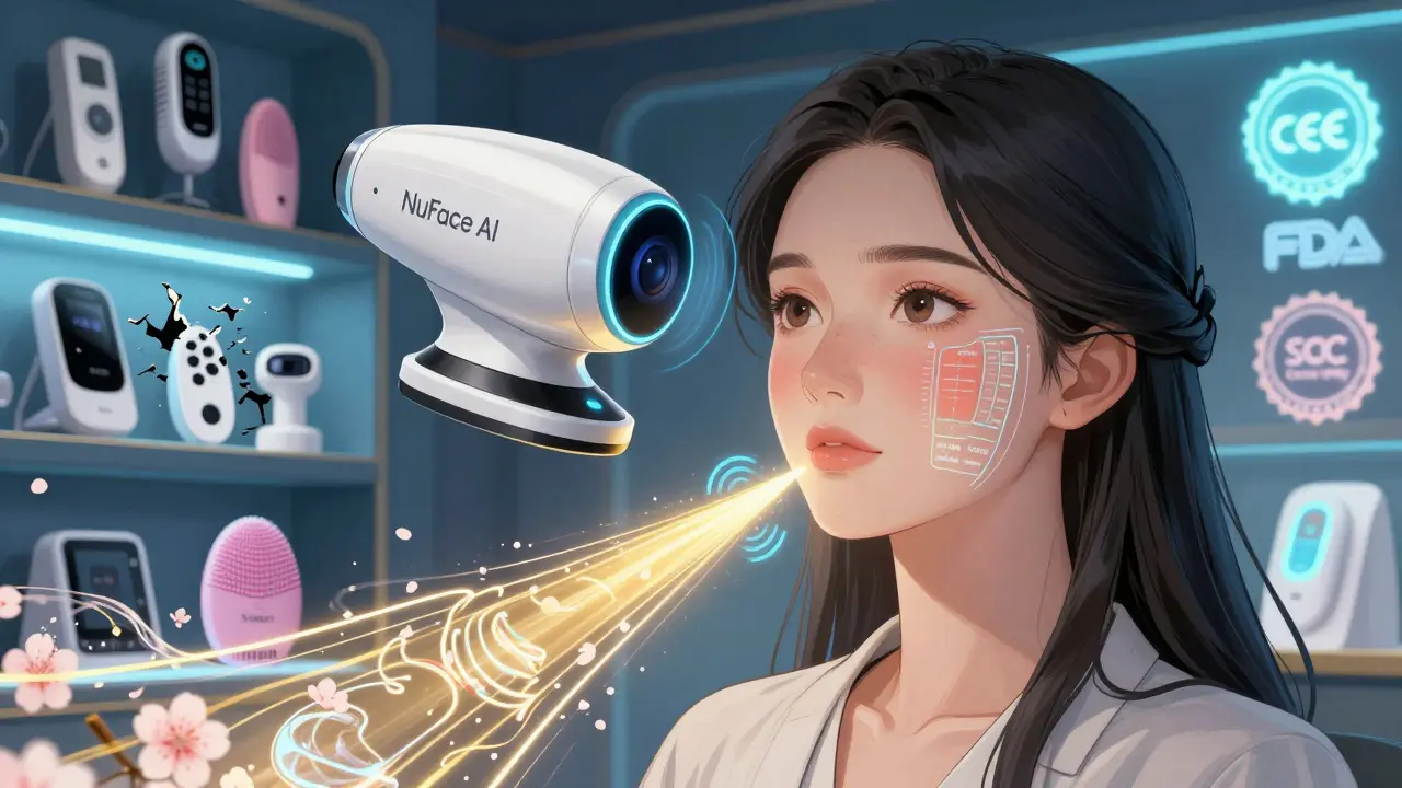 Умное устройство сканирует лицо, автоматически подбирая микротоки и радиочастоты, вокруг — разбитые дешевые гаджеты и сертифицированные бренды.