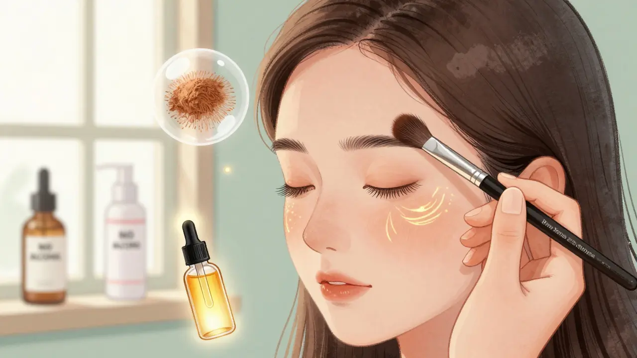 Женщина аккуратно расчесывает брови щеткой, вокруг нее видны микротоки кровообращения.