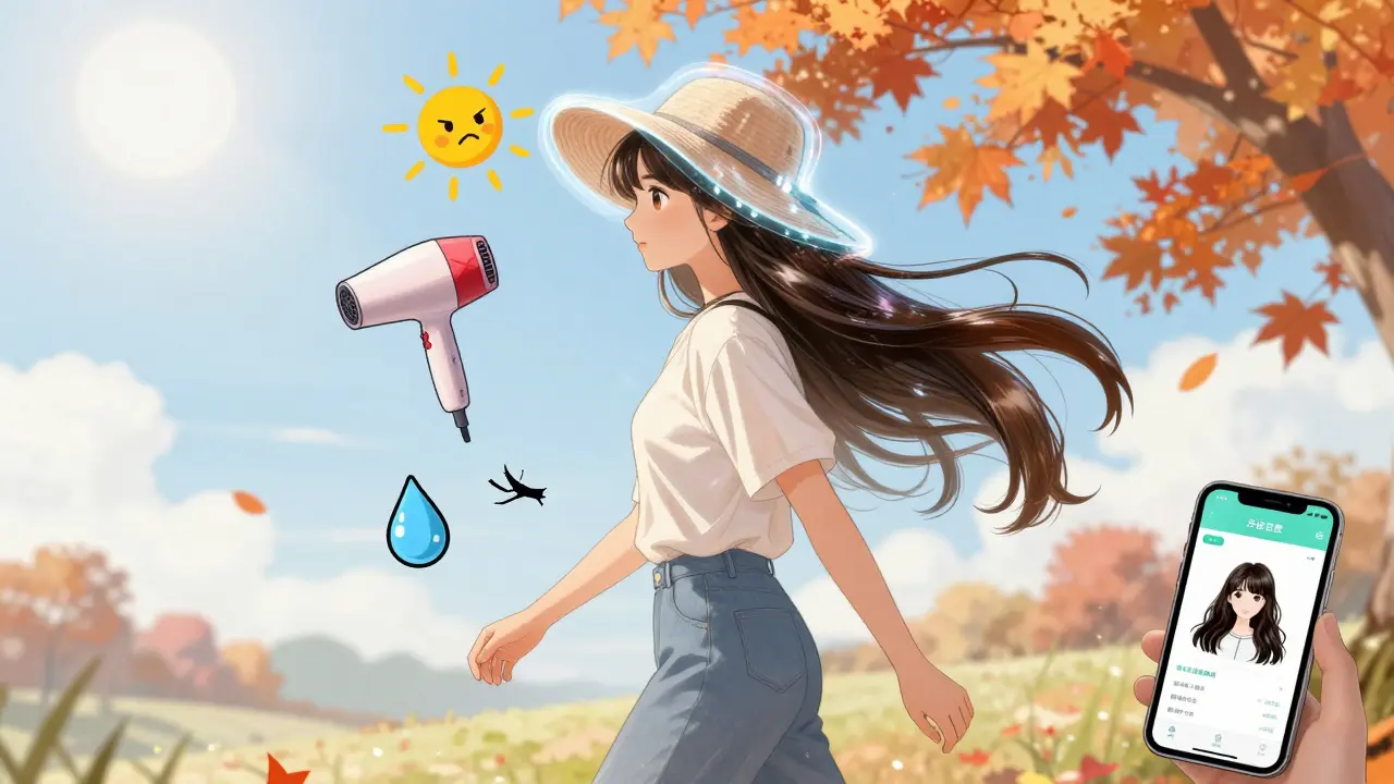 Женщина идёт под солнцем, её волосы защищены, рядом — запрещённые символы тепла и хлора.